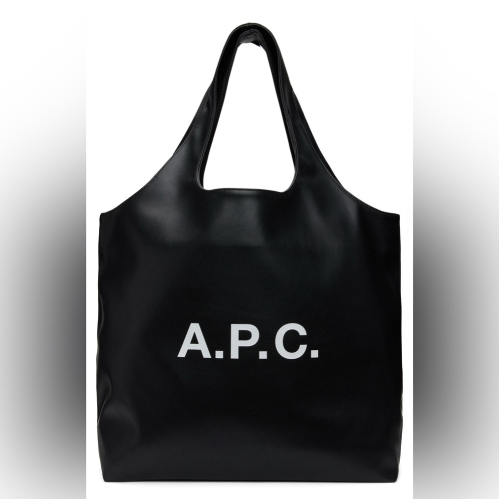 A.P.C. Black Leather Logo Tote with White Script